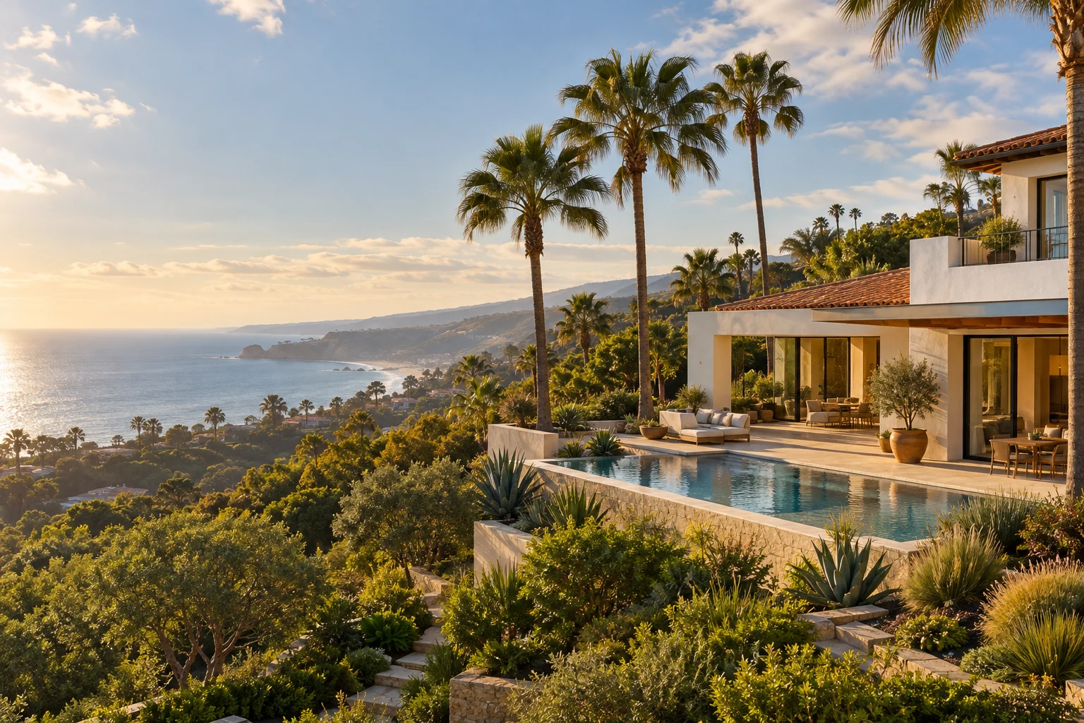 Sunlit Southern California coastal home with palms overlooking the Pacific